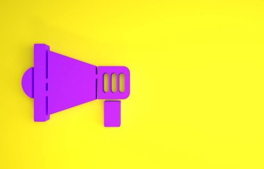Sarı arkaplanda izole edilmiş mor megafon simgesi. Sözcü işareti. Minimalizm kavramı. 3d illüstrasyon 3B canlandırma
