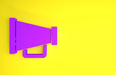 Sarı arkaplanda izole edilmiş mor megafon simgesi. Sözcü işareti. Minimalizm kavramı. 3d illüstrasyon 3B canlandırma