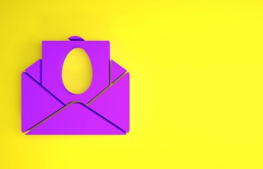 Sarı arka planda Mutlu Paskalyalar ikonu olan mor tebrik kartı. Kutlama için davetiye ya da tebrik kartı şablonu. Minimalizm kavramı. 3d illüstrasyon 3B canlandırma