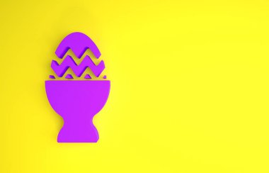 Sarı arka planda izole edilmiş bir simge üzerinde mor Paskalya yumurtası. Mutlu Paskalyalar. Minimalizm kavramı. 3d illüstrasyon 3B canlandırma