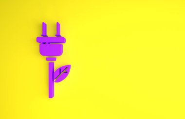 Sarı arkaplanda, yaprak simgesinde mor elektrik tasarruf prizi izole edildi. Elektrik tasarrufu. Çevresel koruma. Biyolojik enerji. Minimalizm kavramı. 3d illüstrasyon 3B canlandırma