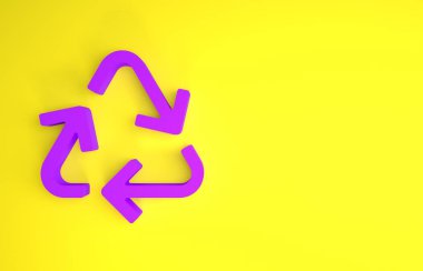 Sarı arkaplanda izole edilmiş mor geri dönüşüm sembolü. Dairesel ok simgesi. Çevre geri dönüşümü yeşile döner. Minimalizm kavramı. 3d illüstrasyon 3B canlandırma