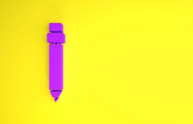 Sarı zemin üzerinde silgi simgesi olan mor kalem. Çizim ve eğitim araçları. Okul sembolü. Minimalizm kavramı. 3d illüstrasyon 3B canlandırma