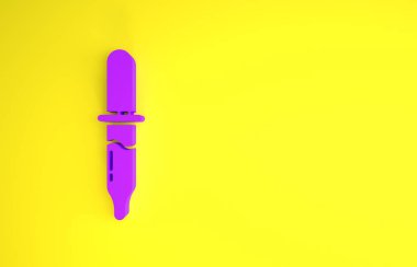 Mor Pipette simgesi sarı arkaplanda izole edilmiş. Tıbbi elementler, kimya laboratuarı ekipmanları. Tıp sembolü. Minimalizm kavramı. 3d illüstrasyon 3B canlandırma