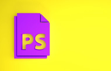 Sarı arkaplanda Mor PS Dosya simgesi izole edildi. Minimalizm kavramı. 3d illüstrasyon 3B canlandırma