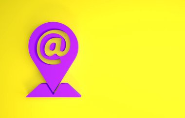 Mor Konum, posta ve e-posta ikonu sarı arkaplanda izole edildi. Zarf sembolü e-postası. E- posta kodu. Minimalizm kavramı. 3d illüstrasyon 3B canlandırma