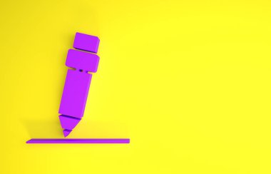 Sarı zemin üzerinde silgi simgesi olan mor kalem. Çizim ve eğitim araçları. Okul sembolü. Minimalizm kavramı. 3d illüstrasyon 3B canlandırma