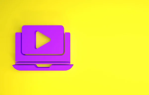 紫色在线播放视频图标孤立在黄色背景 带游戏标志的笔记本电脑和电影胶片 最低纲领的概念 3D渲染3D插图 — 图库照片