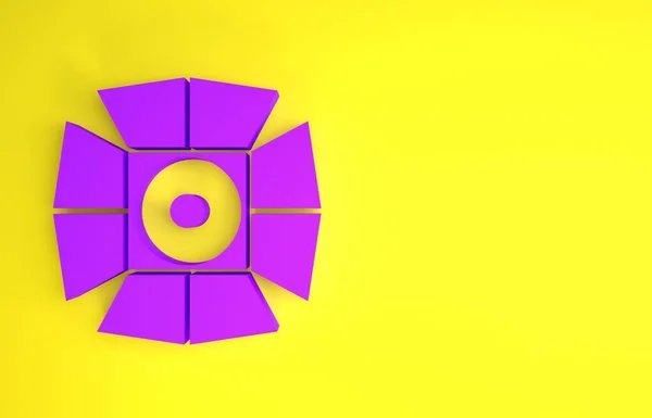 黄色の背景に隔離された紫色の映画スポットライトアイコン 光の効果 シーン スタジオ ショー 最小限の概念 3Dイラスト3Dレンダリング — ストック写真