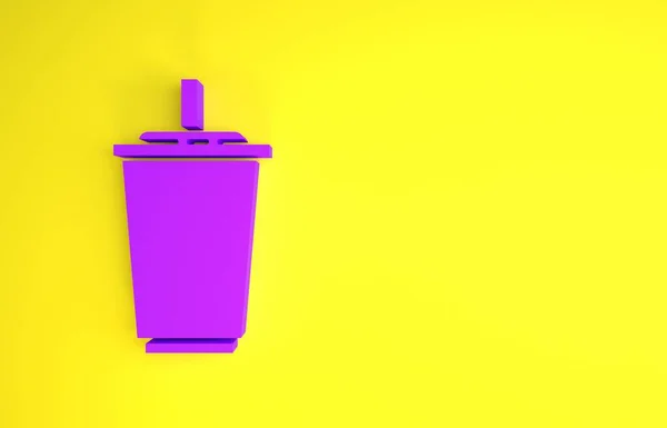 노란색 배경에는 빨대와 아이콘이 보라색 종이컵이 컵으로 한잔하 음료의 미니멀리즘의 — 스톡 사진