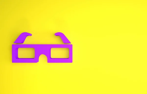 黄色の背景に隔離された紫色の3Dシネマグラスアイコン 最小限の概念 3Dイラスト3Dレンダリング — ストック写真