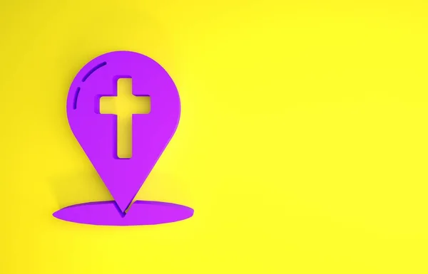 Ponteiro Mapa Roxo Com Ícone Cruz Cristã Isolado Fundo Amarelo — Fotografia de Stock