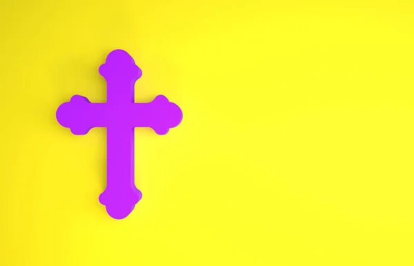 Fialový Křesťanský Kříž Ikona Izolované Žlutém Pozadí Kostelní Kříž Minimalismus — Stock fotografie