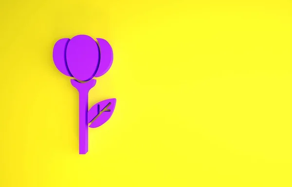 黄色の背景に分離された紫色の花チューリップアイコン 最小限の概念 3Dイラスト3Dレンダリング — ストック写真