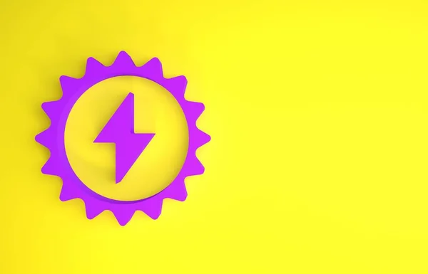 黄色の背景に分離された紫色の太陽エネルギーパネルアイコン 雷のシンボルと太陽 最小限の概念 3Dイラスト3Dレンダリング — ストック写真