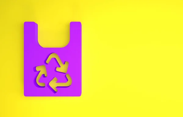 Purple Plastic bag with recycle icon isolated on yellow background. Bag with recycling symbol. Minimalism concept. 3d illustration 3D render