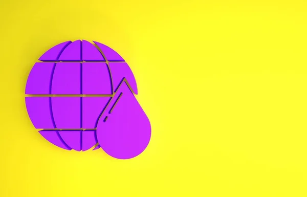 Фиолетовая Планета Земля Капле Воды Значок Изолирован Желтом Фоне Экономия — стоковое фото