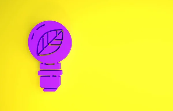 紫色灯泡 叶子图标孤立在黄色背景上 生态能源概念 替代能源概念 最低纲领的概念 3D渲染3D插图 — 图库照片