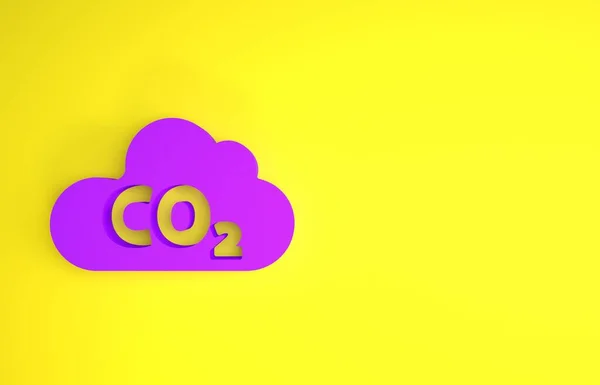 Purple CO2 emissions in cloud icon isolated on yellow background. Carbon dioxide formula, smog pollution concept, environment concept. Minimalism concept. 3d illustration 3D render