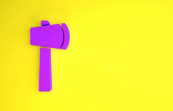 黄色の背景に分離された紫色の木製の斧アイコン ルンベルジャック斧 最小限の概念 3Dイラスト3Dレンダリング — ストック写真