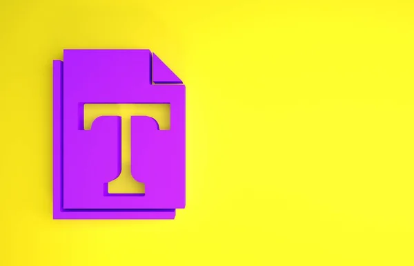 黄色の背景に隔離された紫のテキストファイルドキュメントアイコン 最小限の概念 3Dイラスト3Dレンダリング — ストック写真