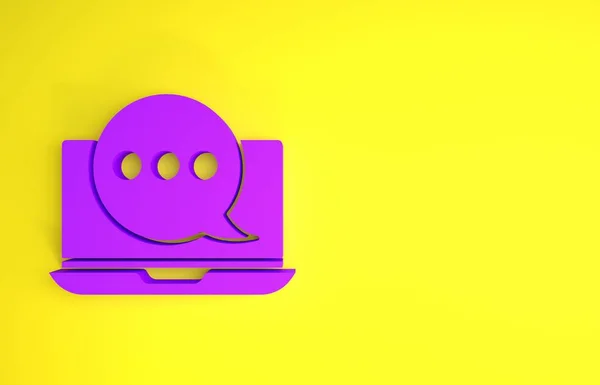 紫色新聊天消息通知笔记本电脑图标孤立在黄色背景 智能手机聊天可以发送语音泡沫 最低纲领的概念 3D渲染3D插图 — 图库照片