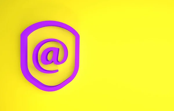紫色盾牌 带有黄色背景隔离的邮件和电子邮件图标 守卫标志 隐私概念 最低纲领的概念 3D渲染3D插图 — 图库照片