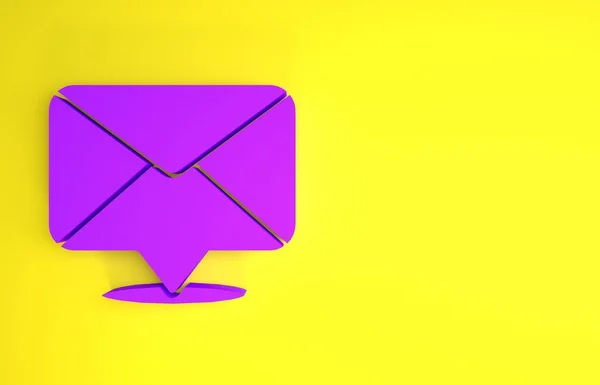 黄色の背景に分離された紫のエンベロープアイコン メールメッセージの文字記号 最小限の概念 3Dイラスト3Dレンダリング — ストック写真