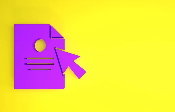 黄色の背景に分離された紫色のドキュメントとカーソルアイコン ファイルのアイコン チェックリストのアイコン ビジネスコンセプト 最小限の概念 3Dイラスト3Dレンダリング — ストック写真