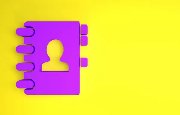 Purple Address book icon isolated on yellow background. Notebook, address, contact, directory, phone, telephone book icon. Minimalism concept. 3d illustration 3D render