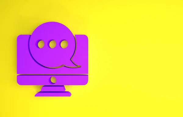 Purple New chat messages notification on monitor icon isolated on yellow background. Smartphone chatting sms messages speech bubbles. Minimalism concept. 3d illustration 3D render