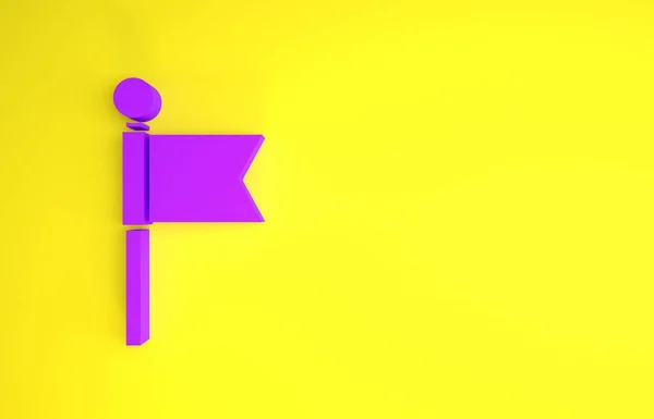 紫色旗帜图标孤立在黄色背景上 位置标识符号 最低纲领的概念 3D说明3D — 图库照片
