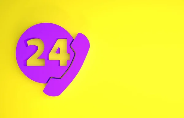 紫色电话24小时支援图标孤立在黄色背景 全天客户支持呼叫中心 全职电话服务 最低纲领的概念 3D说明3D — 图库照片