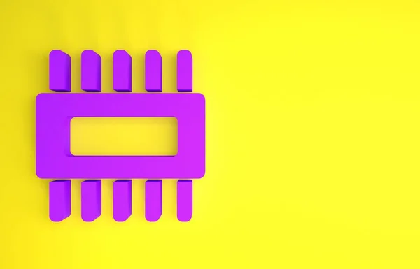 Purple Computer processor with microcircuits CPU icon isolated on yellow background. Chip or cpu with circuit board. Micro processor. Minimalism concept. 3d illustration 3D render