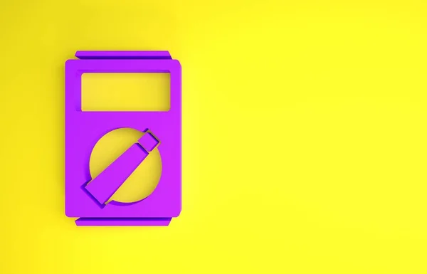 紫色安培计 万用表 电压表图标隔离在黄色背景上 电流测量仪器 最低纲领的概念 3D渲染3D插图 — 图库照片