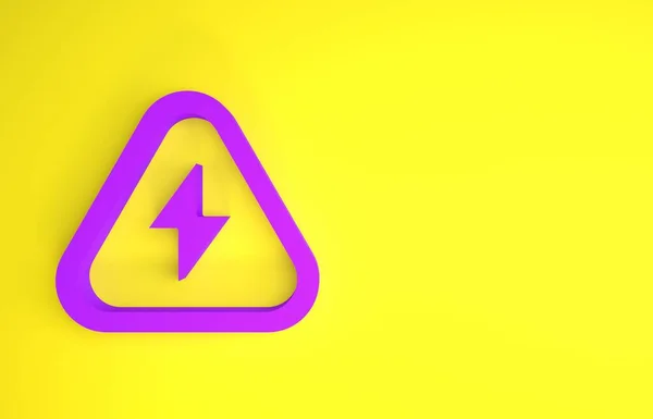 黄色の背景に絶縁された紫の高電圧アイコン 危険のシンボル 三角形の矢印 警告アイコン 最小限の概念 3Dイラスト3Dレンダリング — ストック写真