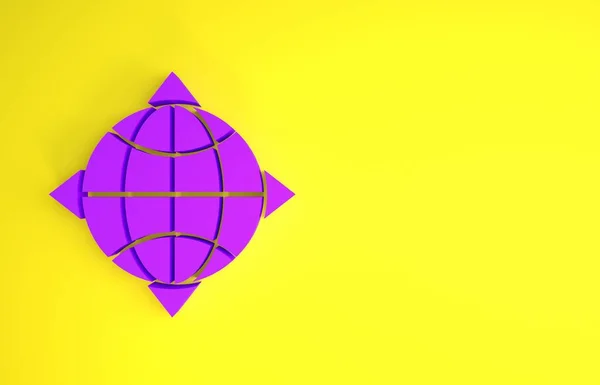 Mundo Púrpura Globo Con Icono Brújula Aislado Sobre Fondo Amarillo — Foto de Stock