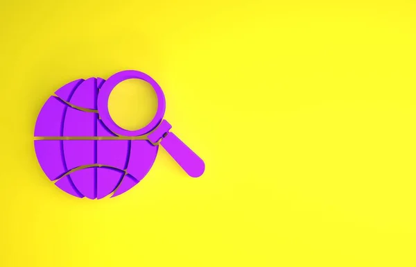 紫色放大镜与球状图标隔离在黄色背景 分析这个世界 全球搜索标志 最低纲领的概念 3D说明3D — 图库照片