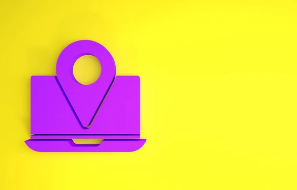 紫色笔记本电脑与位置标识图标隔离在黄色背景 最低纲领的概念 3D渲染3D插图 — 图库照片