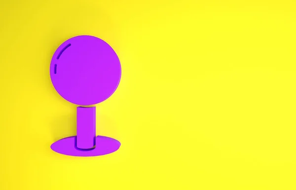 黄色の背景に分離された紫のプッシュピンアイコン 感謝の印だ 最小限の概念 3Dイラスト3Dレンダリング — ストック写真
