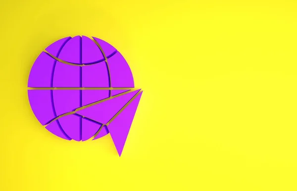 黄色の背景に飛行機のアイコンが隔離された紫色の球 飛行機は地球を飛び回る 航空機世界のアイコン 最小限の概念 3Dイラスト3Dレンダリング — ストック写真