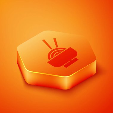 Kavanozda Isome Asya eriştesi ve turuncu arka planda izole edilmiş yemek çubukları ikonu. Sokak yemeği. Kore, Japon, Çin yemekleri. Turuncu altıgen düğmesi. Vektör İllüstrasyonu