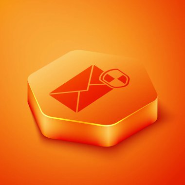 Turuncu arka planda izole edilmiş kalkan simgesi ile Isometric Zarfı. Sigorta konsepti. Güvenlik, güvenlik, koruma, konsept koruma. Turuncu altıgen düğmesi. Vektör İllüstrasyonu