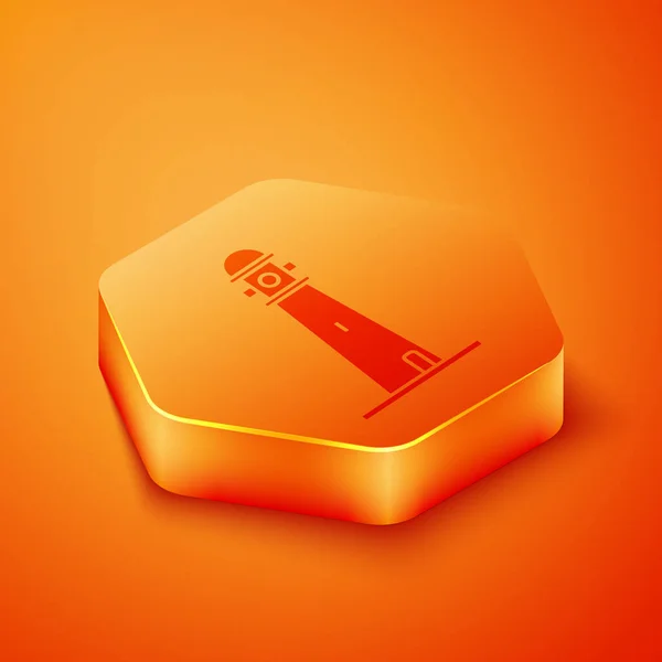 オレンジの背景にアイソメトリックライトハウスのアイコン オレンジ六角形のボタン ベクターイラスト — ストックベクタ