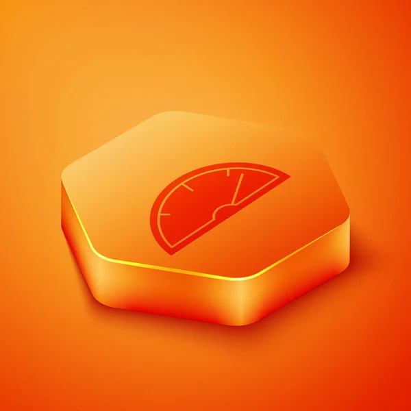 Isométrique Icône Compteur Vitesse Isolé Sur Fond Orange Bouton Hexagonal — Image vectorielle