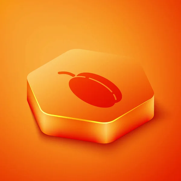 Isometric Plum Fruit Icon Isolated Orange Background Orange Hexagon Button — Stock Vector