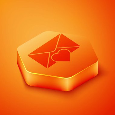 Turuncu arka planda Sevgililer Günü kalp ikonu olan Isometric Envelope. Mesaj aşkım. Aşk ve romantizm mektubu. Turuncu altıgen düğmesi. Vektör İllüstrasyonu