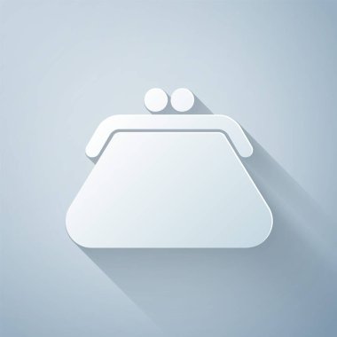 Kağıt kesiği debriyaj çantası simgesi gri arkaplanda izole edildi. Kadın el çantası. Kağıt sanatı tarzı. Vektör İllüstrasyonu