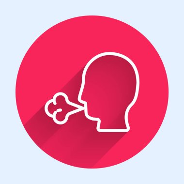 Beyaz Çizgili Adam uzun gölgeli ikon öksürüyor. Viral enfeksiyon, grip, grip, soğuk algınlığı semptomları. Tüberküloz, kabakulak, boğmaca. Kırmızı daire düğmesi. Vektör İllüstrasyonu.