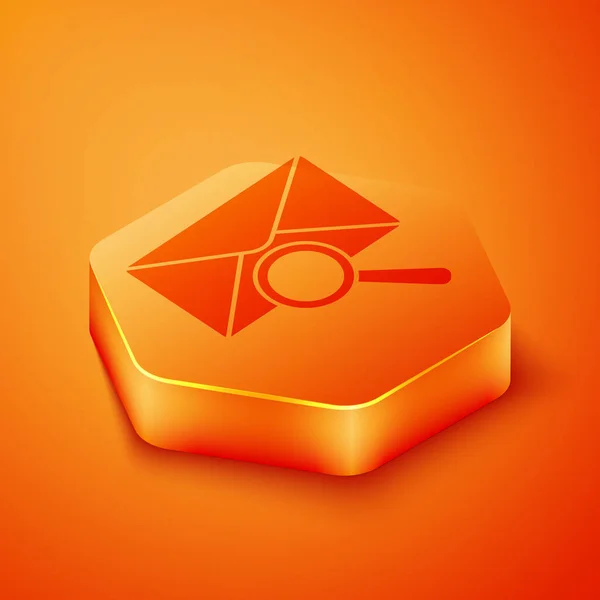 等距信封邮件与放大镜图标隔离在橙色背景 橙色六角形按钮 病媒图解 — 图库矢量图片